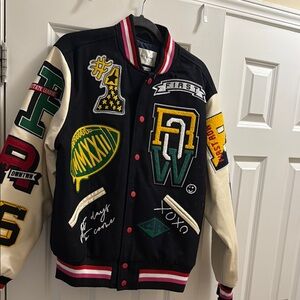 Black & Cream Varsity Bomber Jacket with Patchwork Detailing